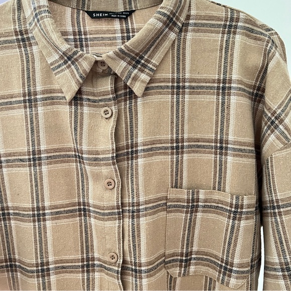 SHEIN Women’s Flannel Plaid Button Up Shirt Large Brown | Khaki | Tan - Picture 2 of 10
